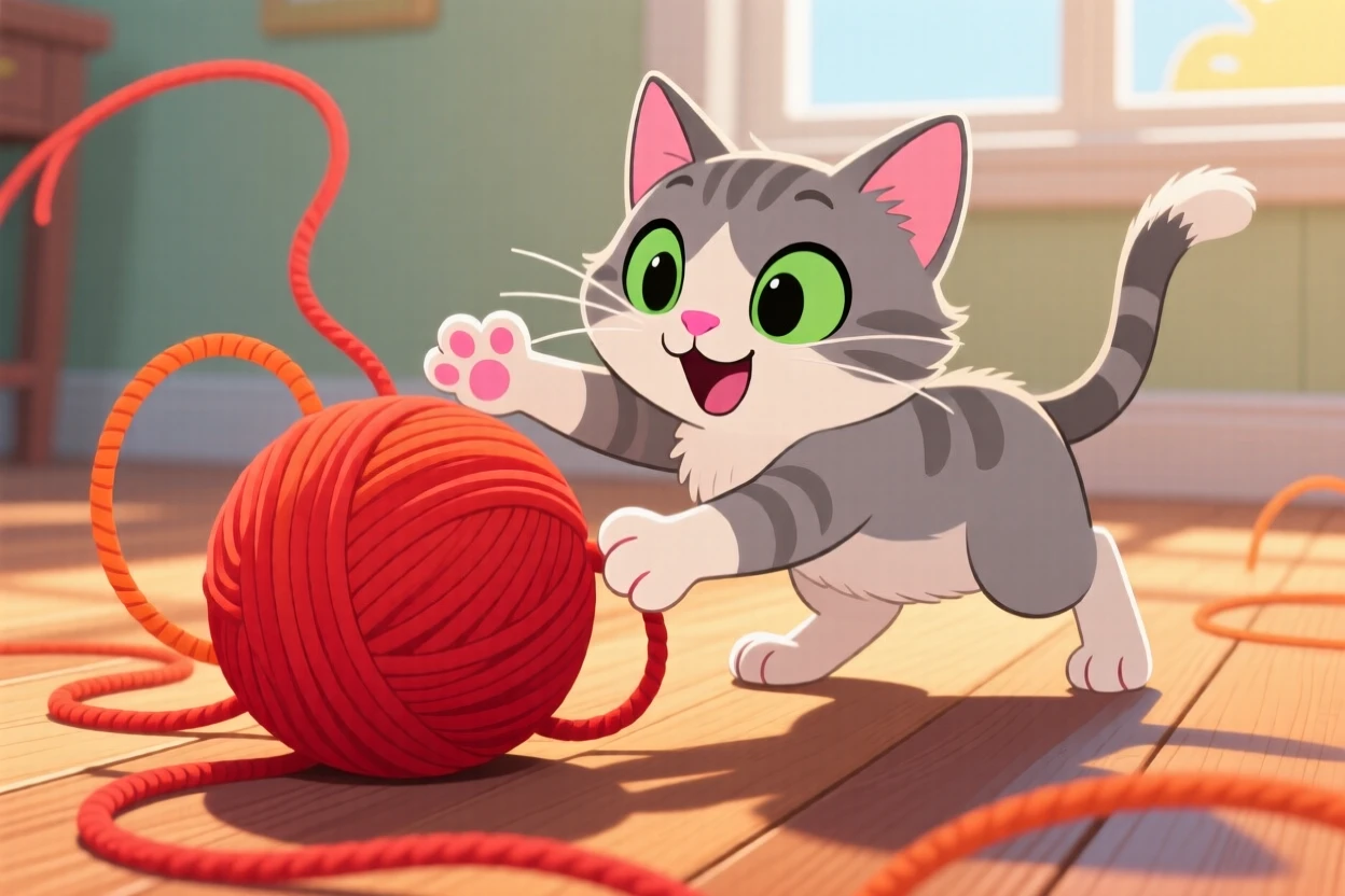 A kitten batting at a ball of yarn unraveling across the floor.
