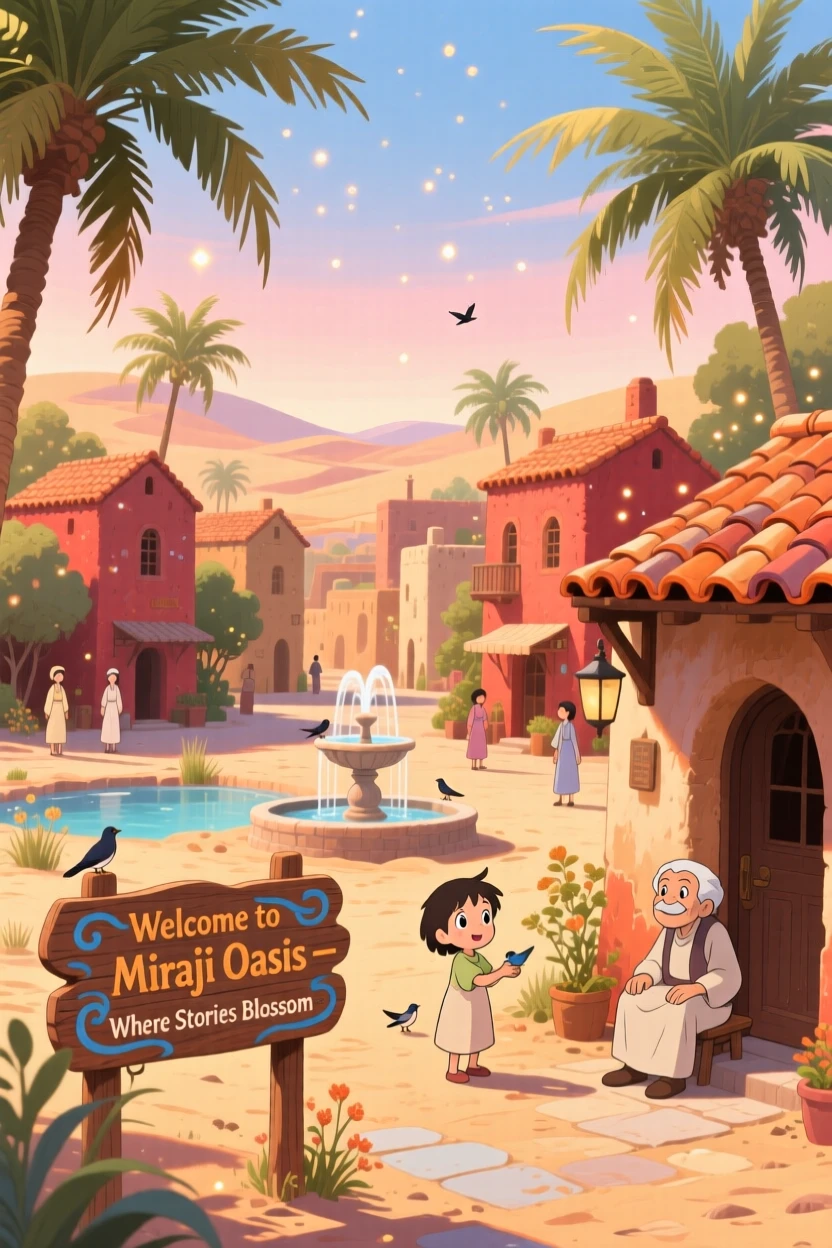 A scenic view of a desert oasis town with palm trees and clay buildings, with terracotta rooftops catching the afternoon light.