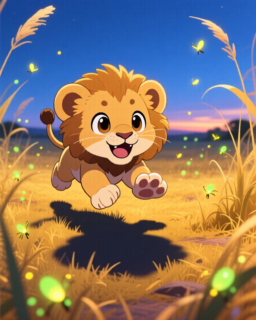 A baby lion cub pouncing playfully on its own shadow, framed as an extreme close-up within a golden grassy savanna, as fireflies begin to glow at dusk, glowing under cool blue twilight glow, evoking sleepy relaxation.