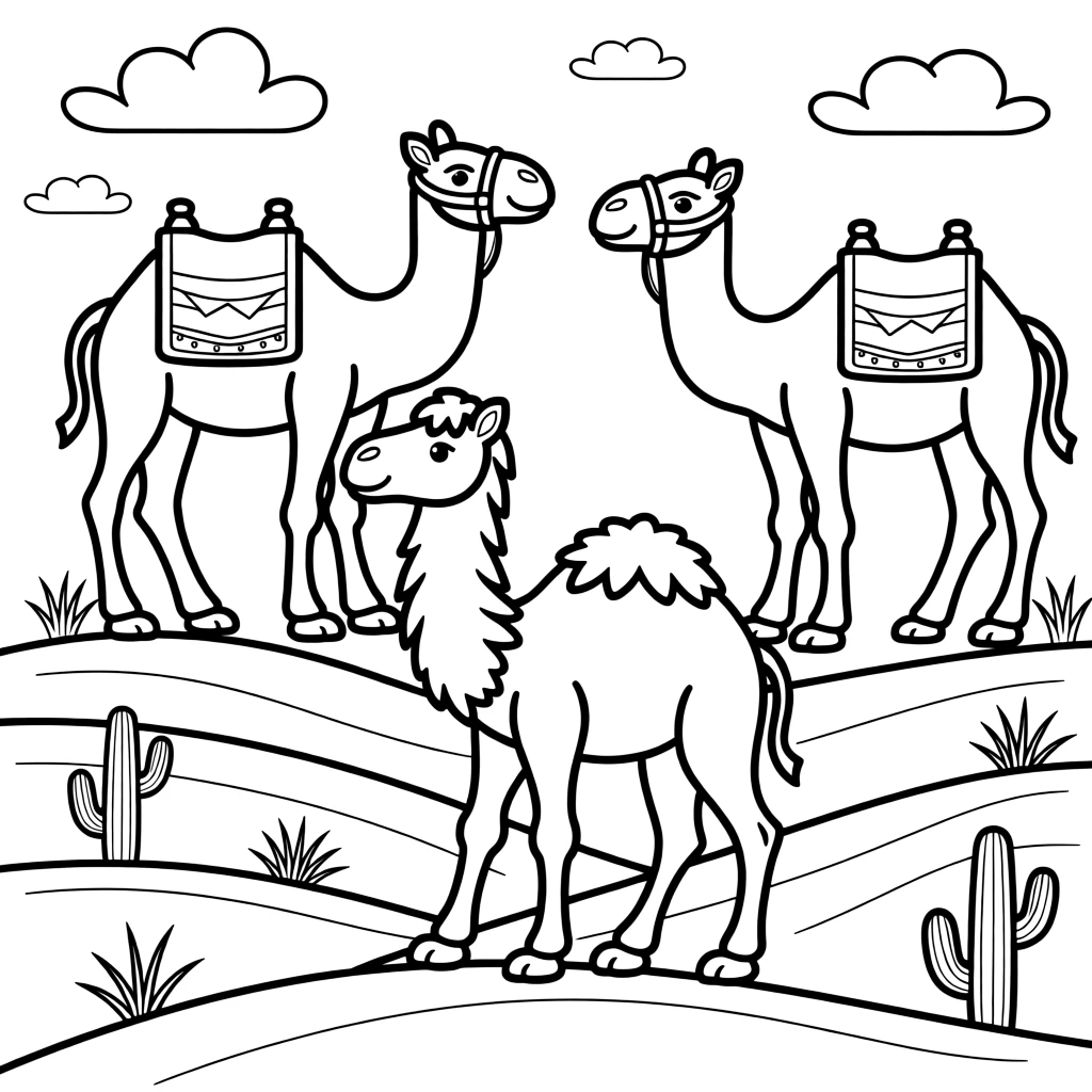 A baby camel walking across sand dunes with its family
