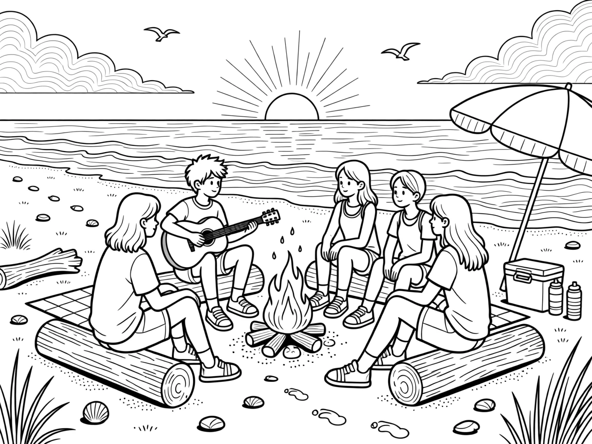 A beach bonfire with friends gathered around playing guitar, with a warm golden sunset lighting the horizon.