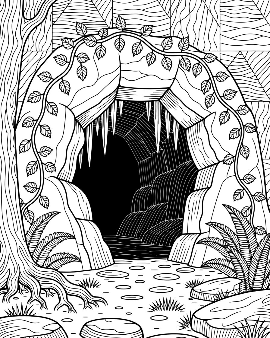 A cave entrance draped with hanging vines and dripping stalactites.