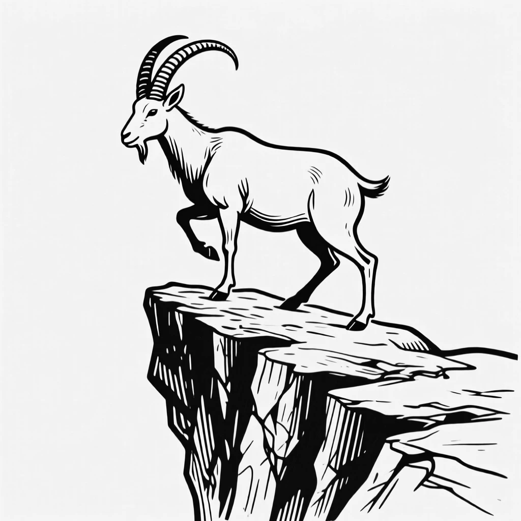 A mountain goat balancing on a narrow rocky ledge above a steep cliff.