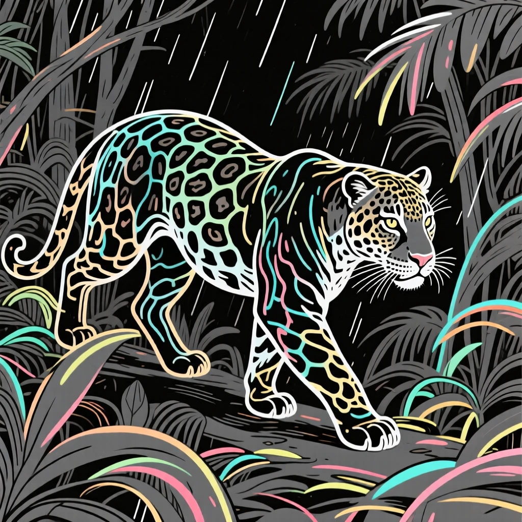 A jaguar prowling silently through a dense rainforest at night.