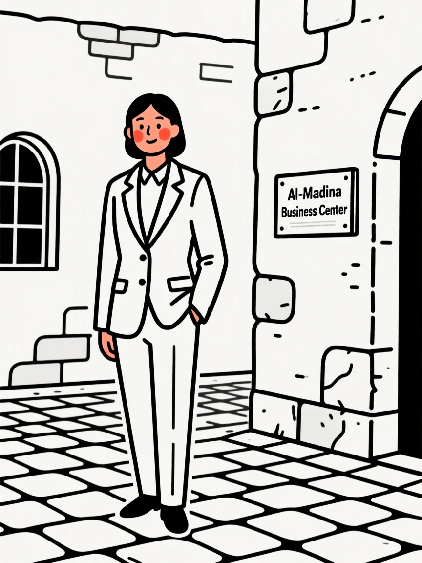 A working professional of Egyptian heritage in a tailored business suit, exuding gentle warmth, in an old stone courtyard.