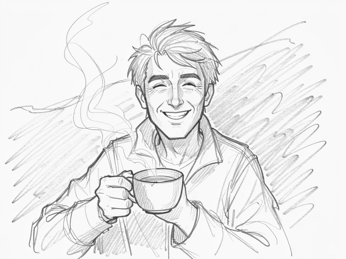 Intimate close-up of a cheerful street musician amid swirling desert sand, holding a steaming cup of tea.