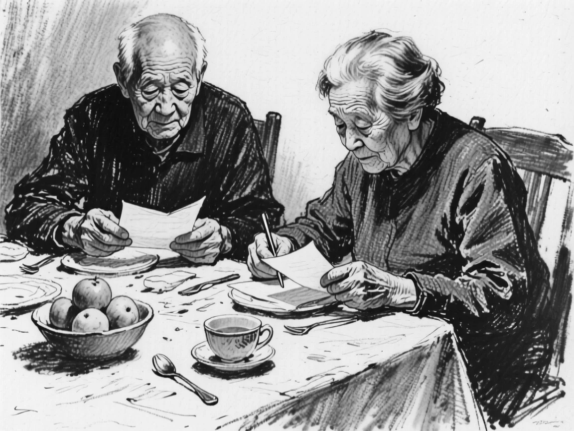 An elderly couple working intently with focused concentration, at a family dinner table.