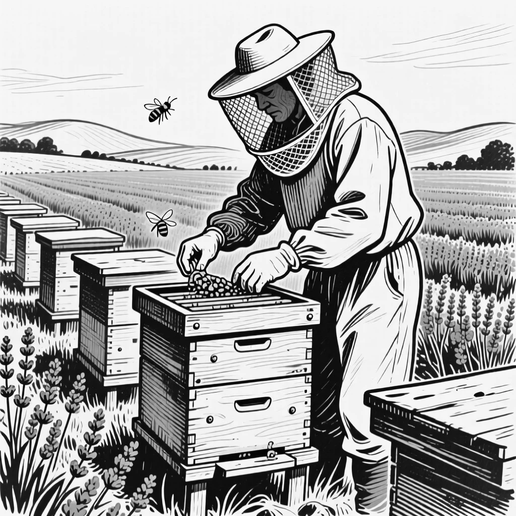 A beekeeper tending to wooden hives in a lavender field, wearing a wide-brimmed protective hat.