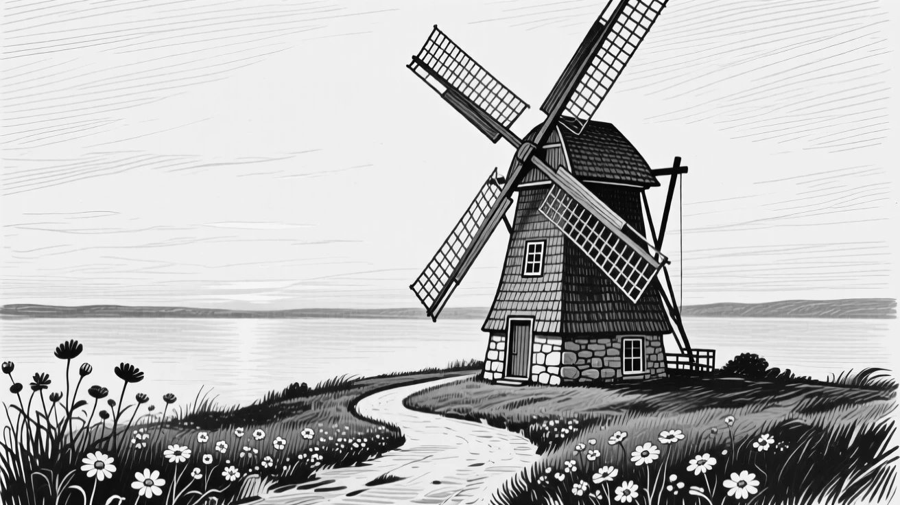 A lone windmill as the last light of day fades over the water, with scattered wildflowers along the path, evoking a calm and meditative atmosphere in a wide, balanced composition.