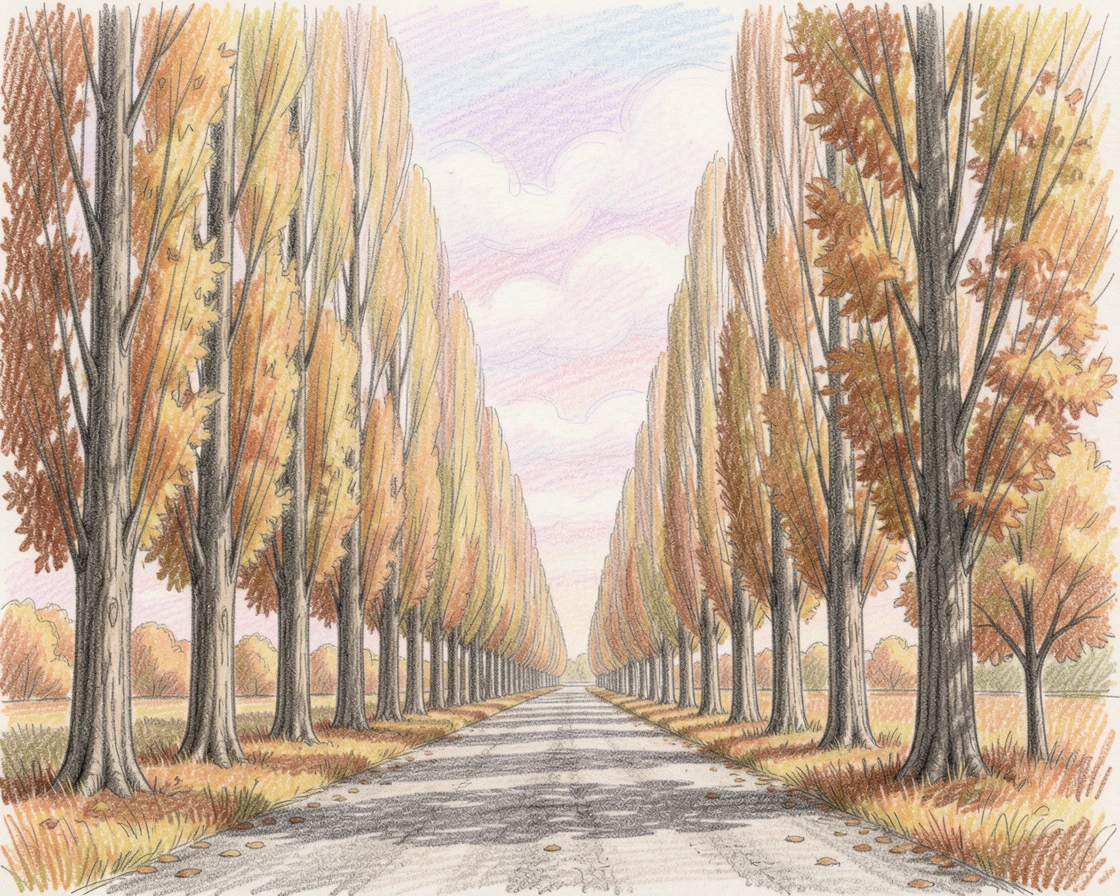 A quiet countryside road lined with tall poplar trees in autumn, with soft clouds drifting across a pastel-colored sky, radiating calm, restorative serenity.