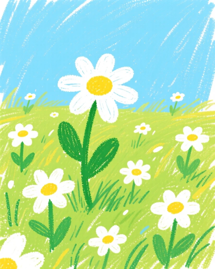 A meadow of daisies scattered beneath a clear blue sky.