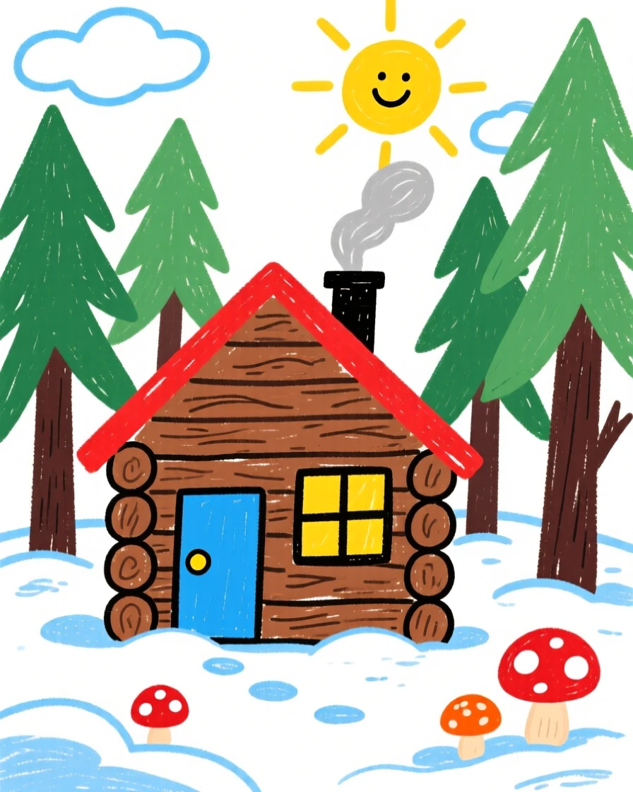 A snug log cabin nestled in a snowy forest.