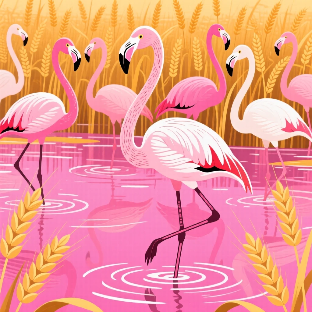 A flamingo flock standing on one leg in shallow pink water, nestled in a field of tall golden wheat, shown in close-up detail highlighting texture and expression, with vivid, richly saturated colors that pop.