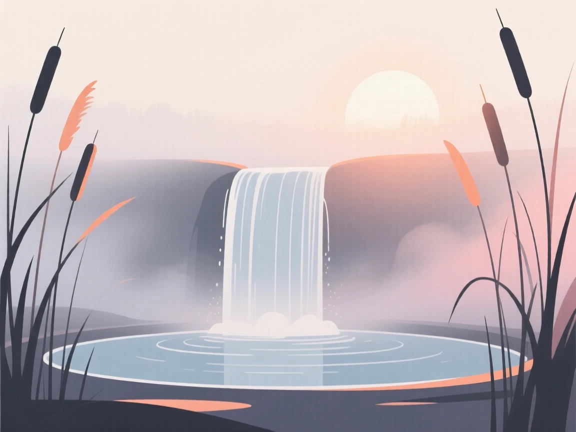 A misty waterfall basin at sunrise with soft light filtering through the tall reeds.