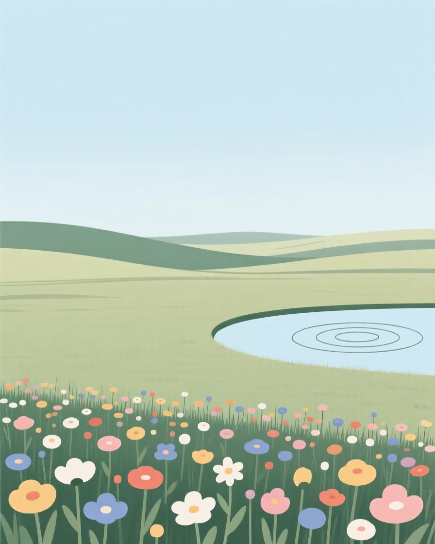 A field of wildflowers, standing at the edge of an open prairie under a wide sky, with ripples spreading across still water nearby, evokes timeless calm.