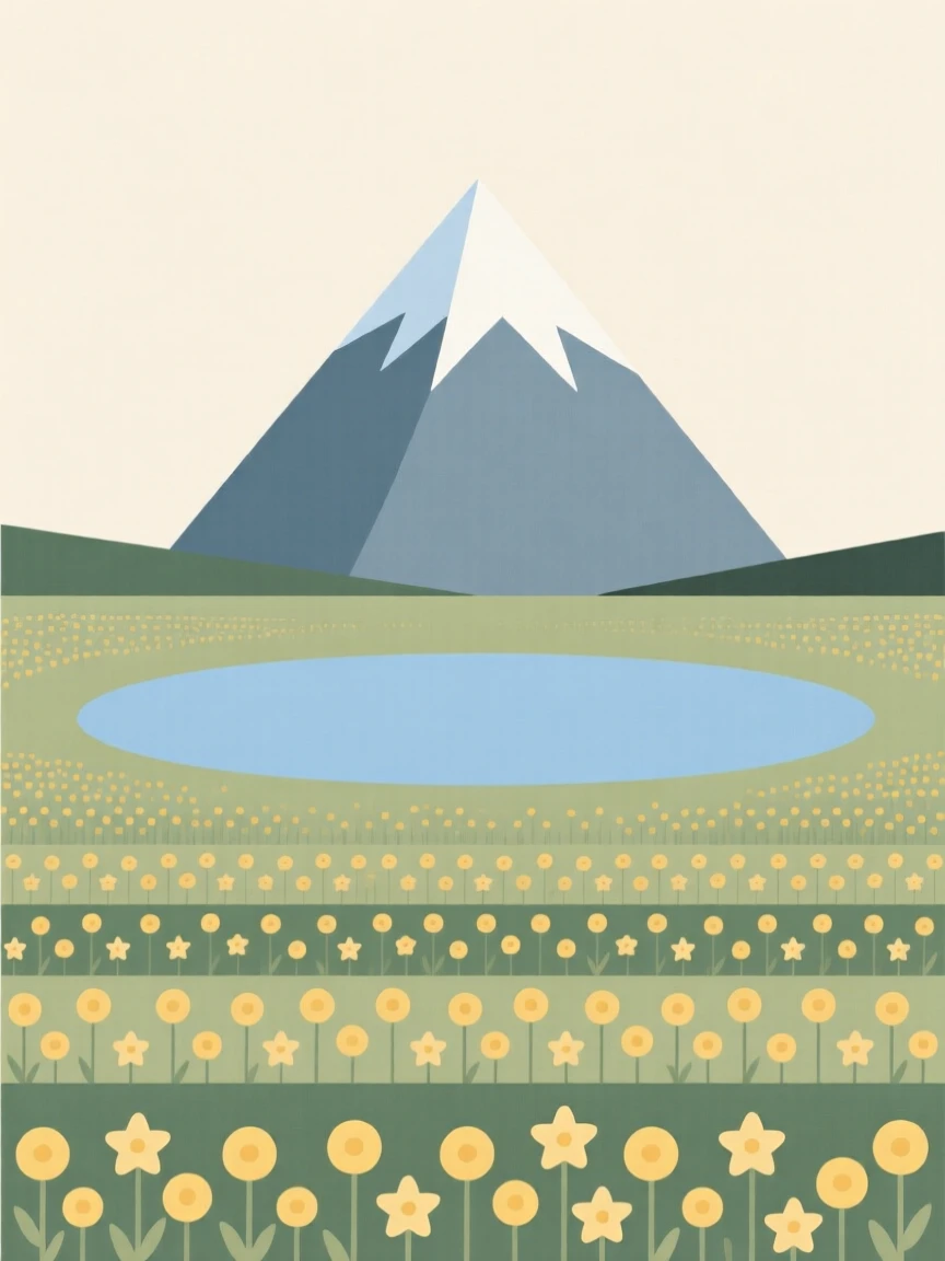 A mountain lake surrounded by wildflower fields