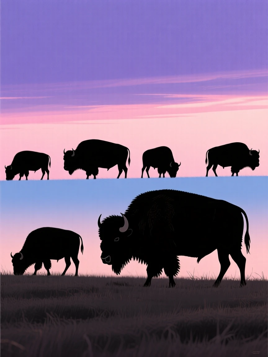A herd of bison grazing across an open prairie beneath a wide sky.