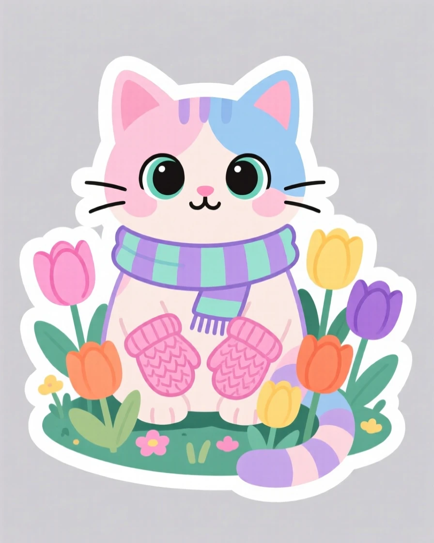 A bright-eyed pastel-colored kitten wearing tiny mittens and a scarf, in a garden full of blooming tulips.