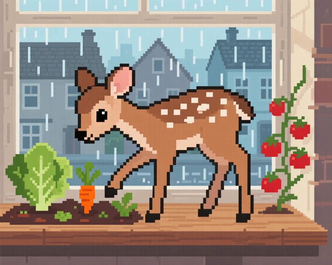 A spotted fawn tending a small vegetable garden, on a windowsill overlooking a rainy town.
