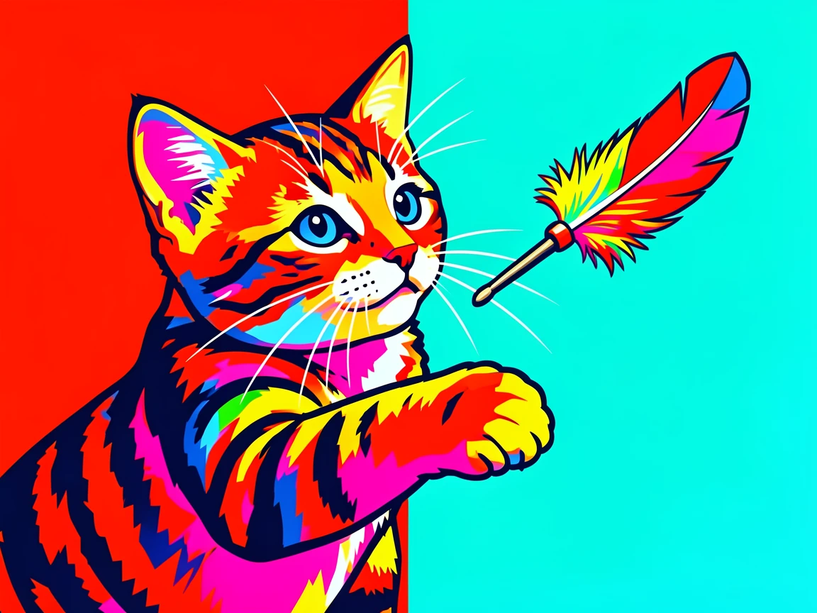 Tabby kitten batting at a dangling feather toy