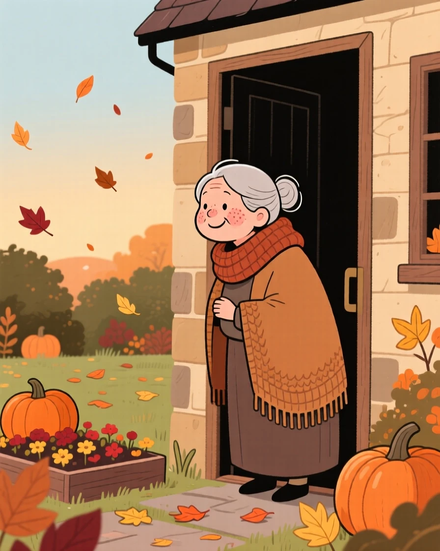 Soft autumn leaves falls over a sleeping garden as a elderly woman watches from a cozy doorway, wrapped warmly against the autumn air.