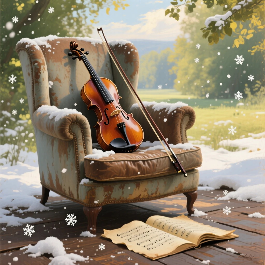 A medium shot of a violin leaning against a worn armchair beside sheet music, in gentle falling snow, in the height of summer.