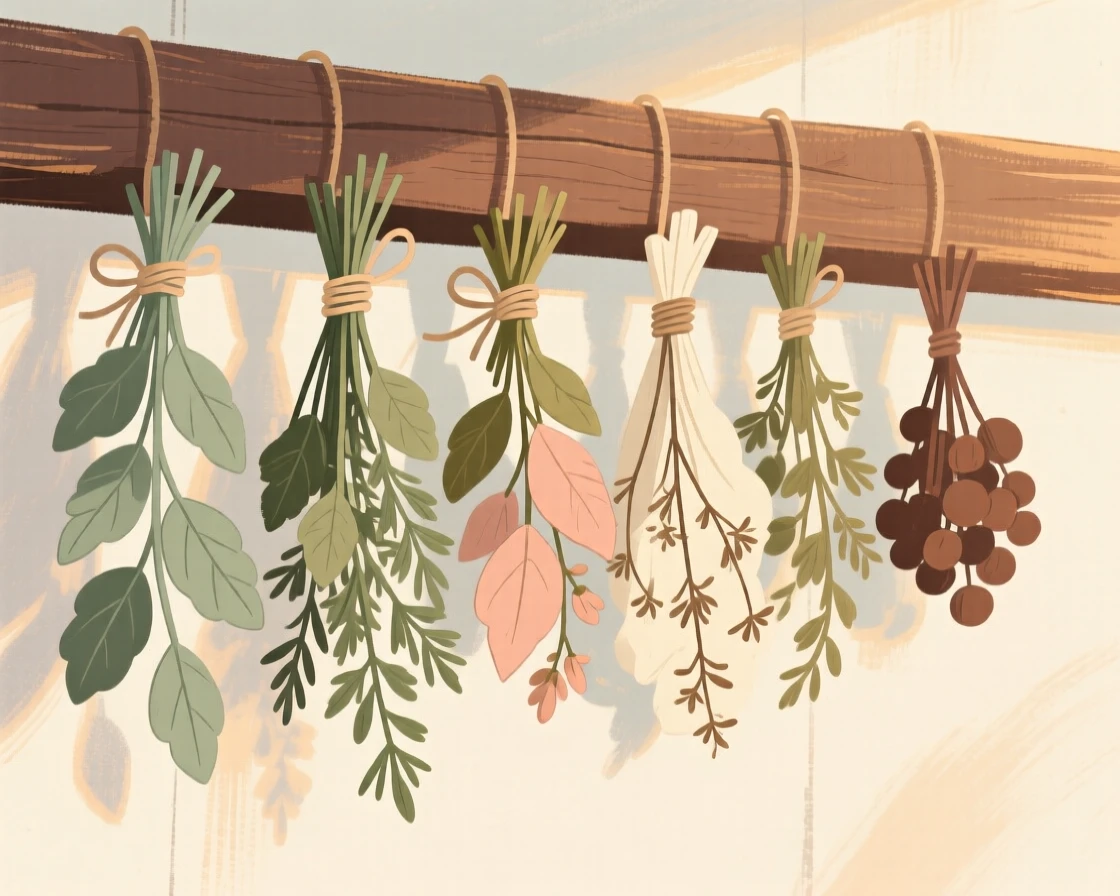 A collection of dried herbs tied in bundles hanging from a beam