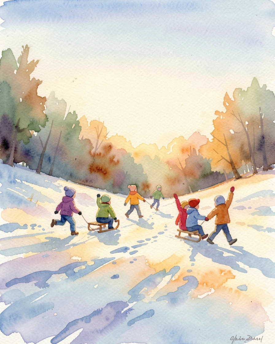 Kids sledding down a snowy hill as golden afternoon light glows around them.