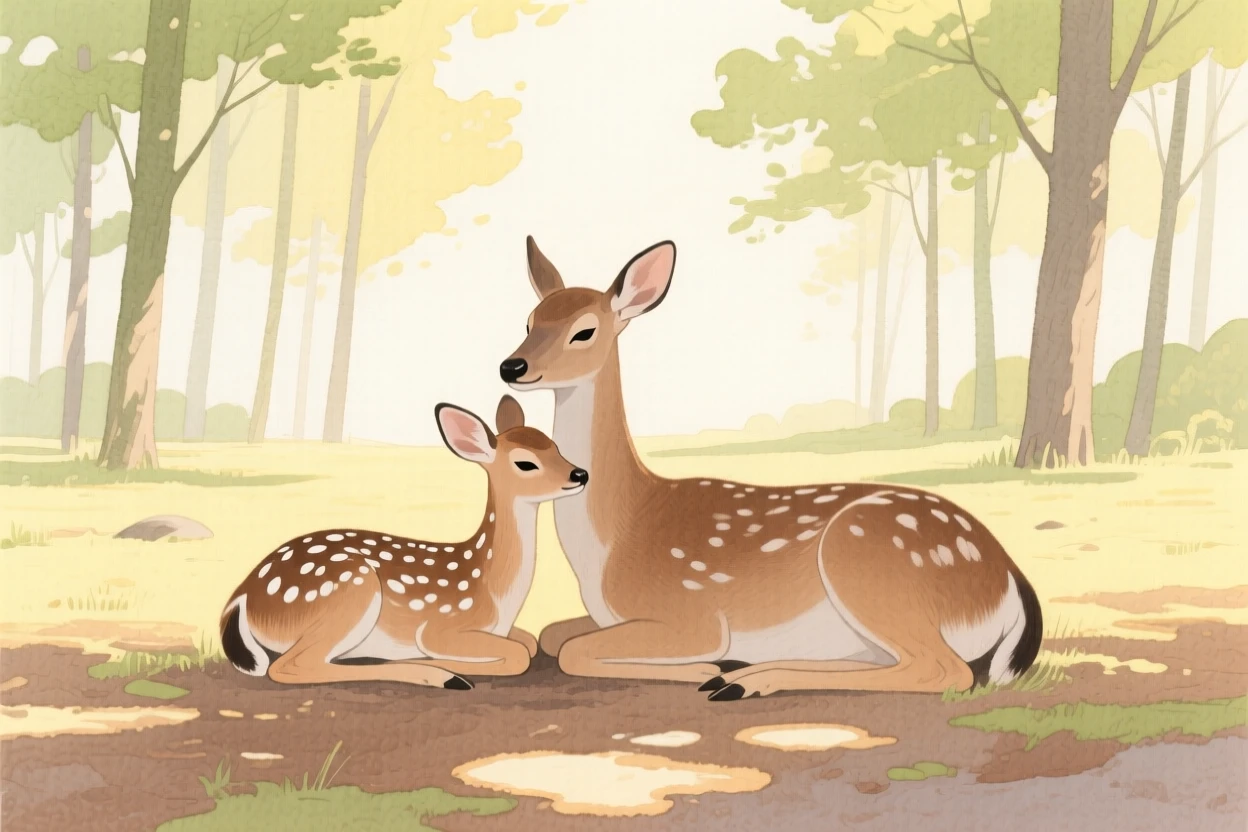 A spotted fawn rests beside its mother in a quiet forest clearing dappled with soft morning light