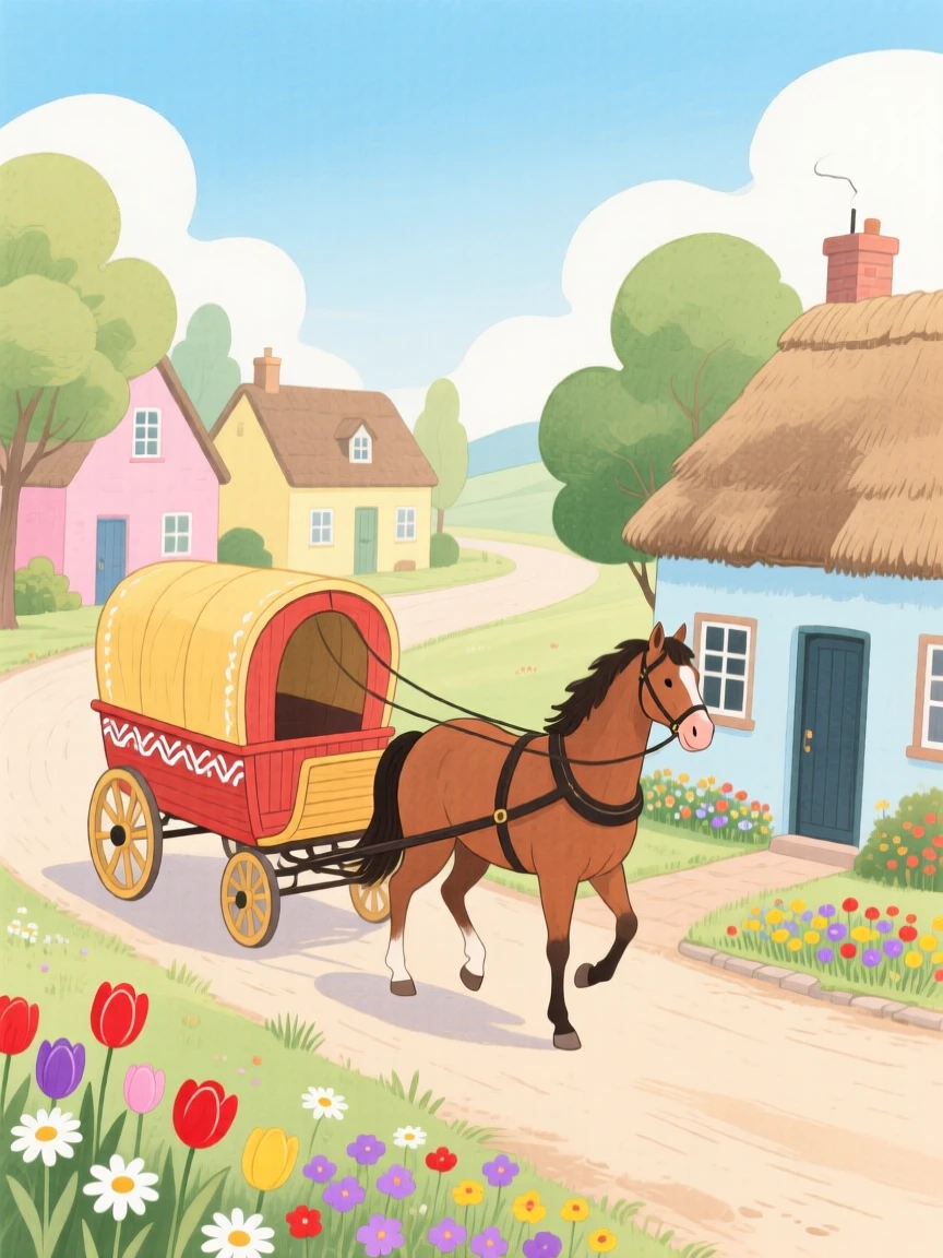 A picturesque view of a horse-drawn cart rolling through a quiet village.
