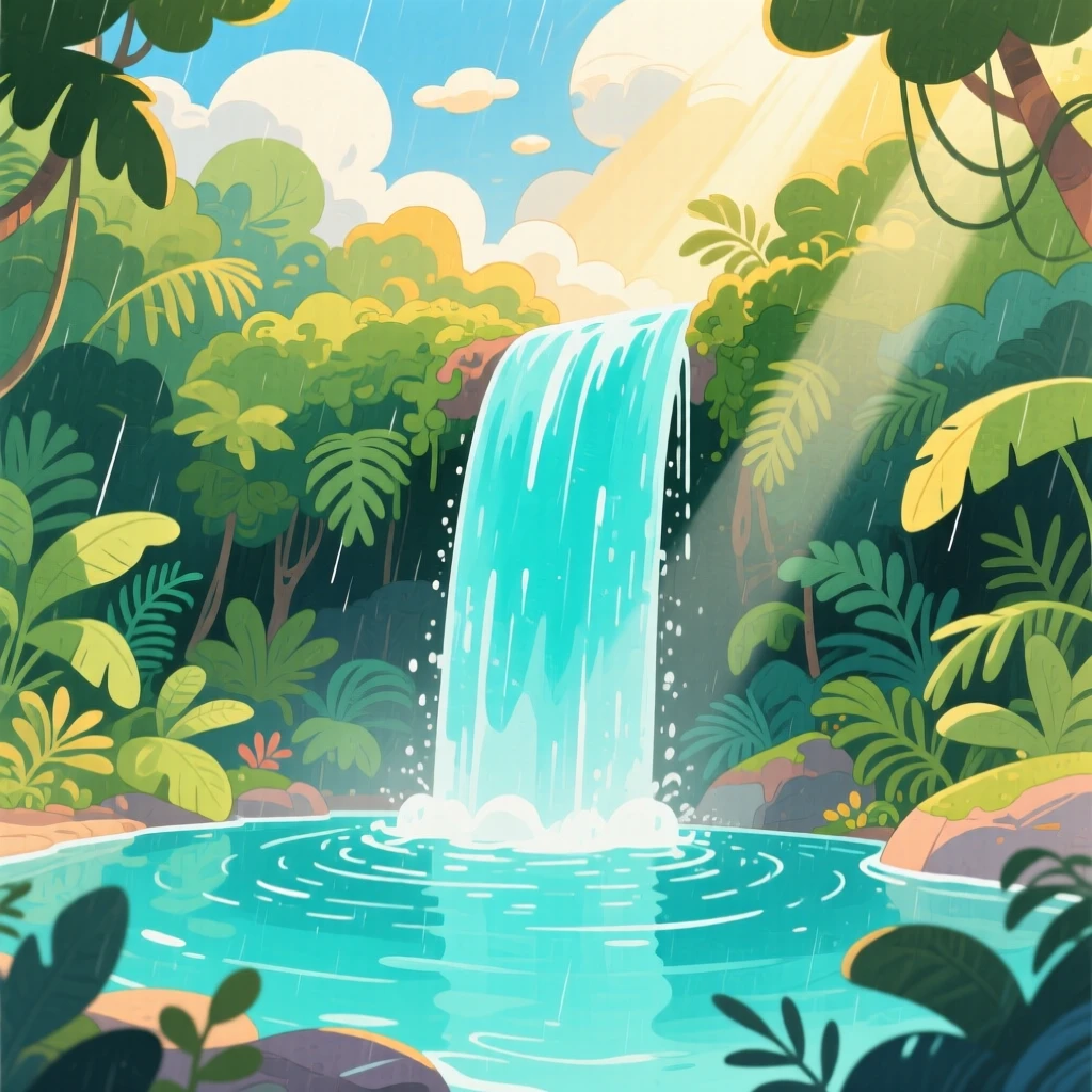 A turquoise waterfall cascading into a rainforest pool, with golden light breaking through scattered clouds, filled with quiet majesty and stillness.