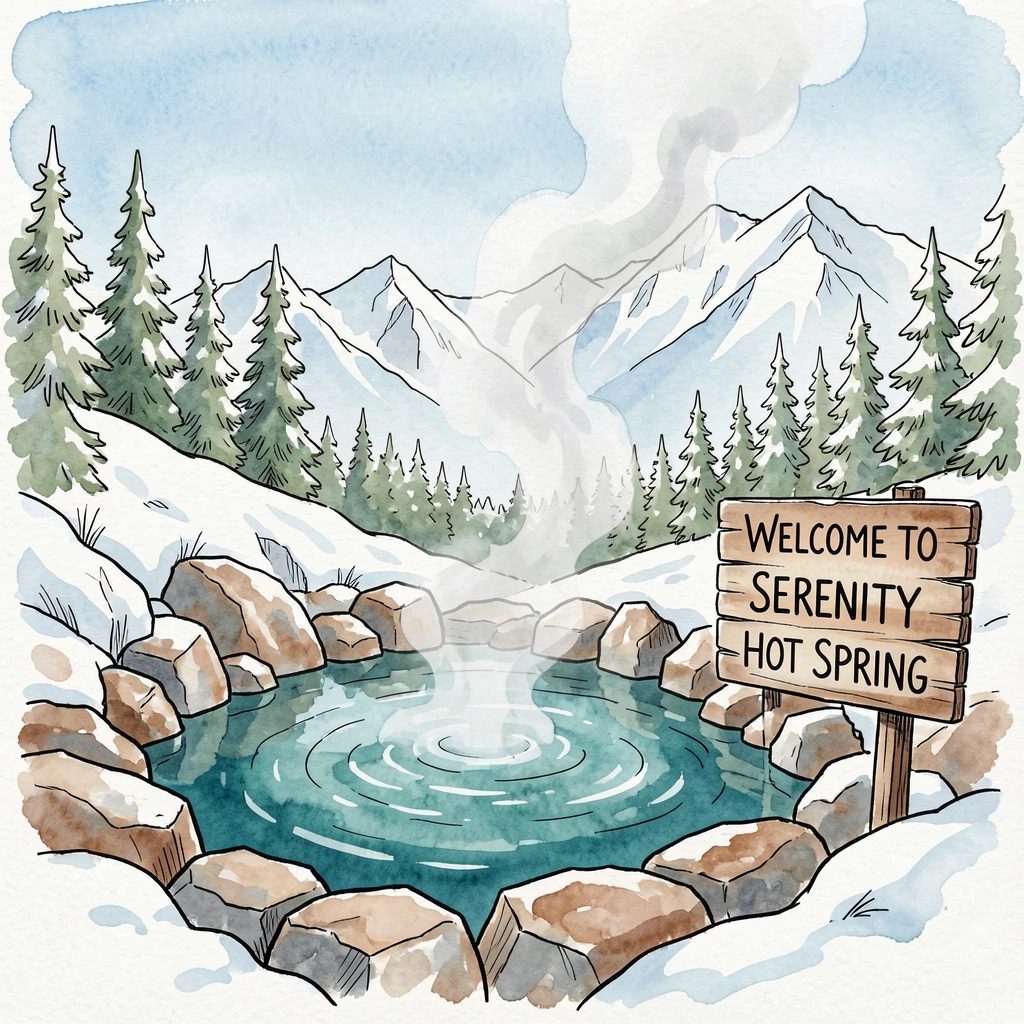 A hot spring surrounded by snow, steam rising gently into cold mountain air