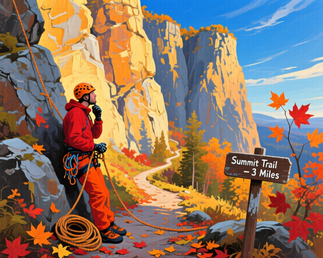 a climber pausing below an immense cliff, on a clear autumn morning, composed along a natural leading line.