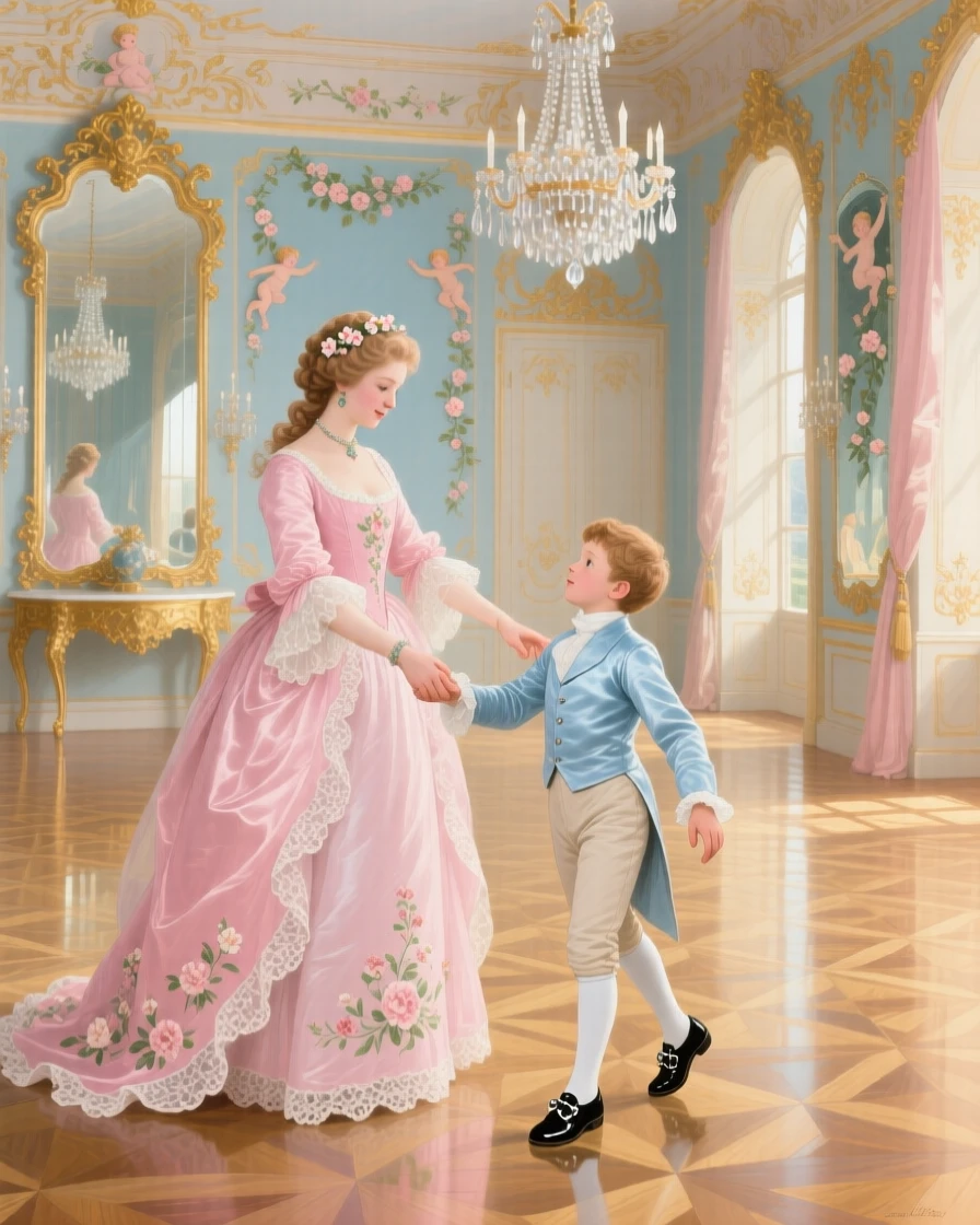 A princess teaching a little boy to dance in a mirrored ballroom  