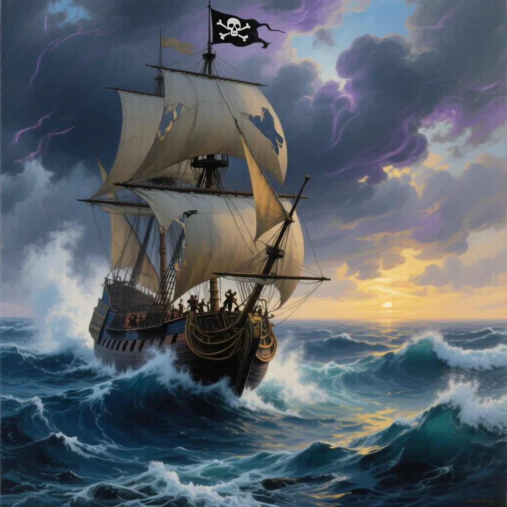 A pirate ship cuts through rough seas beneath a darkening sky.