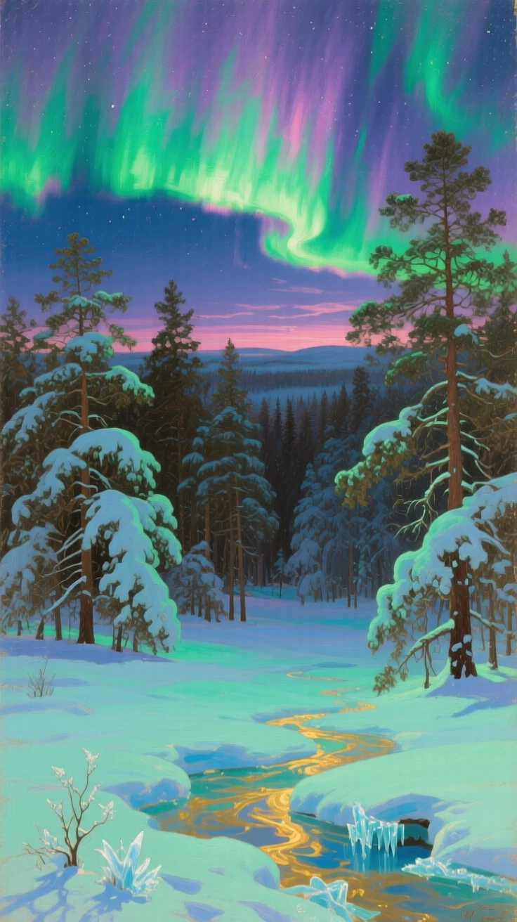 The aurora borealis dancing above a snow-covered pine forest, as gentle waves of heat shimmer above the ground, showing nature at its most breathtaking and unspoiled