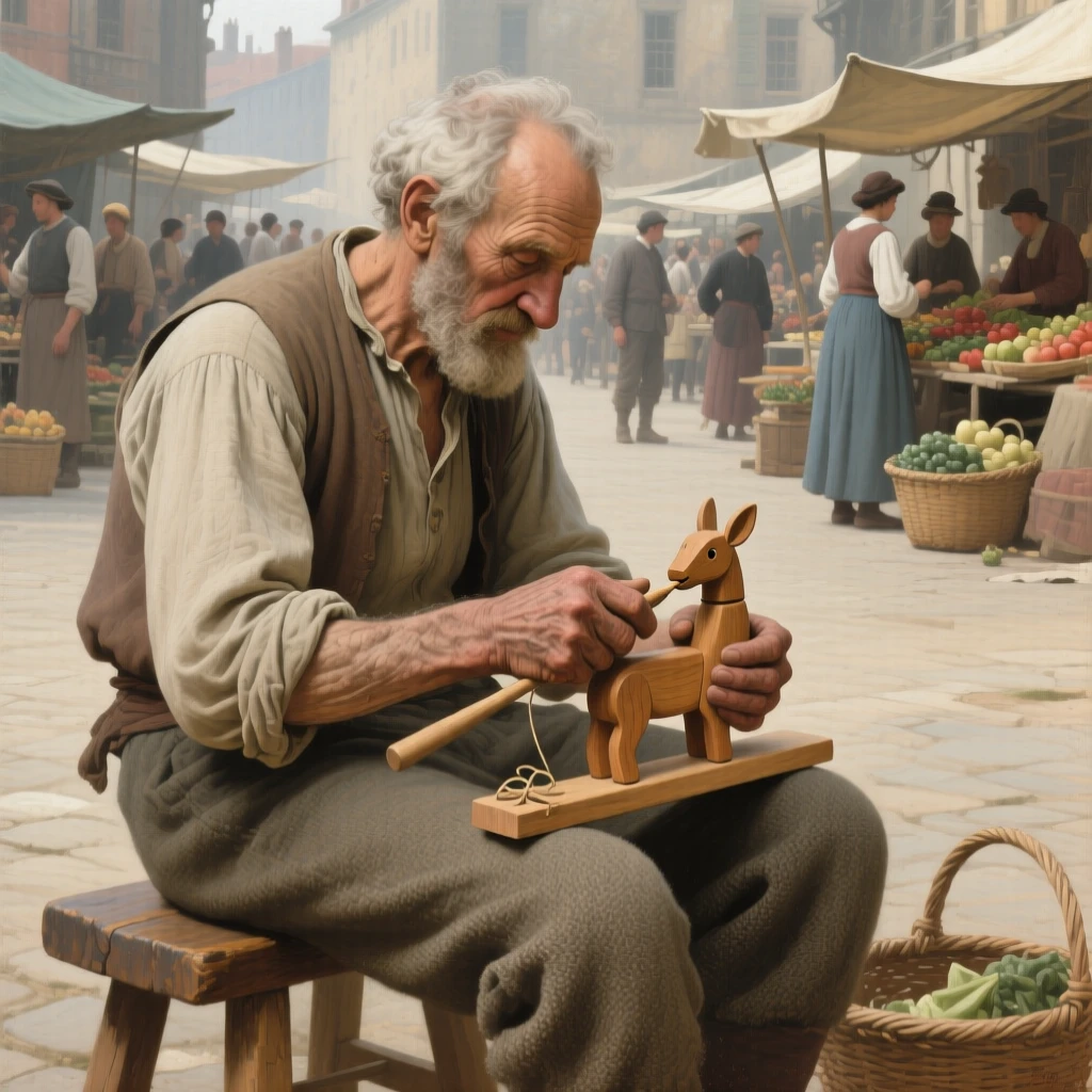 A grandfather whittling a small wooden toy for his grandchild as ordinary labor takes on unexpected grace, set within a bustling market square filled with color and life, with worn hands, simple clothing, and the honest textures of daily labor; background activity adds gentle life without distracting from the center, suggesting that meaning is found in life's smallest rituals.