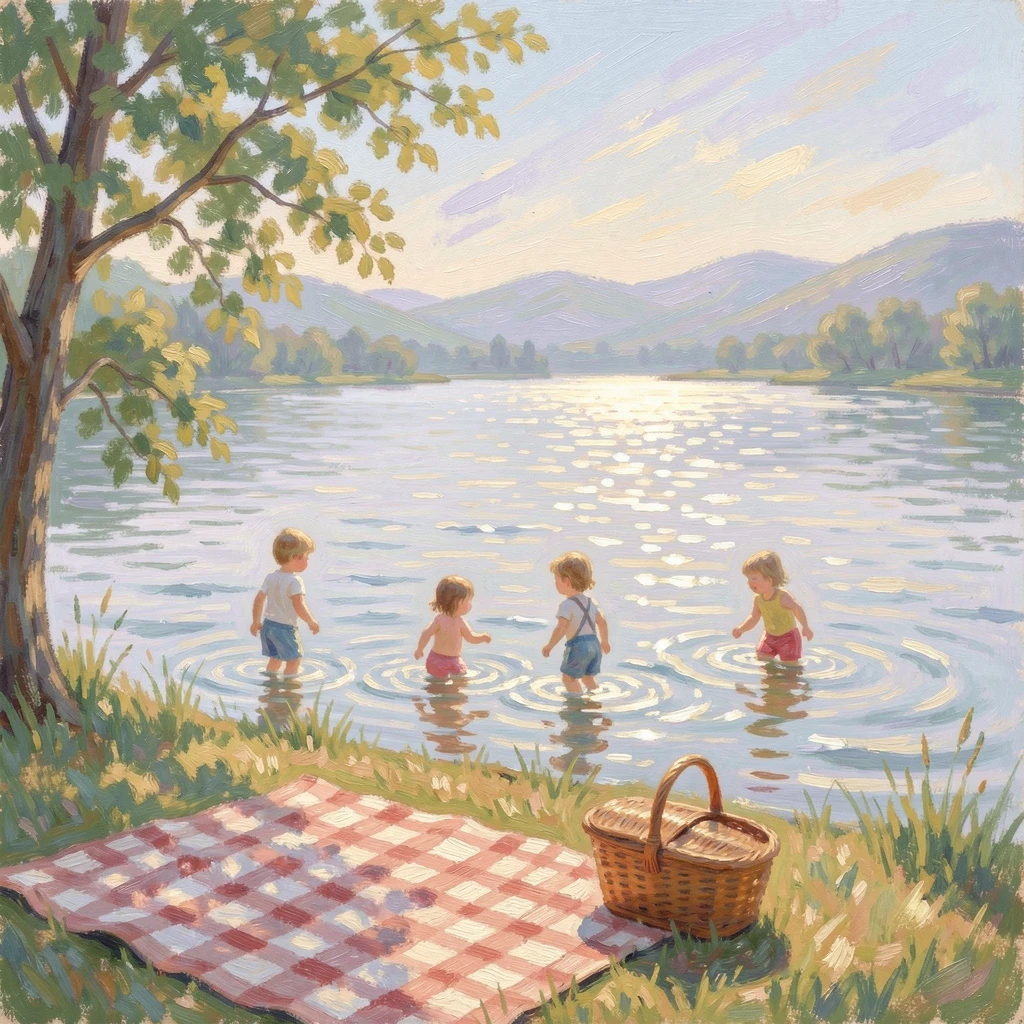 A lakeside family picnic with a checkered blanket, wicker basket, and children wading in the shallows.