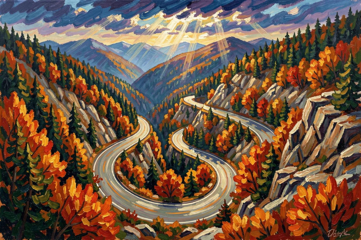 A mountain switchback road winding through autumn-colored forest, seen from a high overlook.