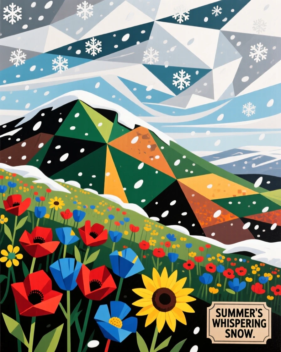 A sweeping wide view of a blooming wildflower hillside beneath a canopy of drifting snow, at the peak of summer.
