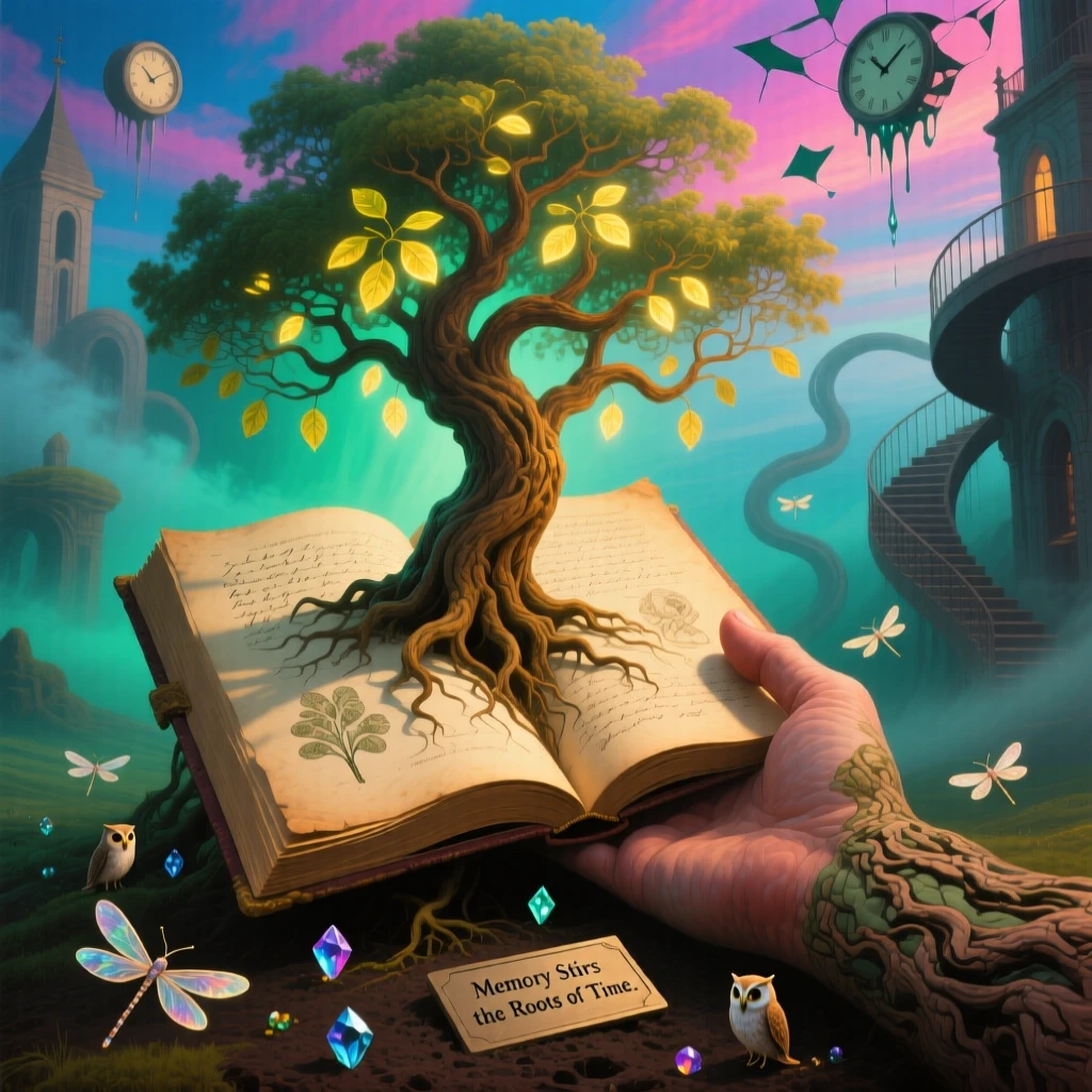 A tree growing directly from the pages of an open journal rests gently in the palm of an outstretched hand, while soft light gathers gently around its edges.