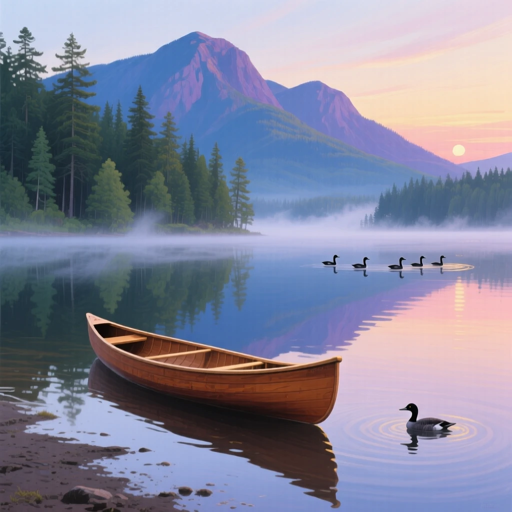 A quiet dawn in the Adirondacks shows a canoe resting on a misty lakeshore, forested mountains reflected perfectly in the still water, loons calling somewhere across the glassy surface, subtle color shifts across the sky suggesting the slow passage of time within the scene.