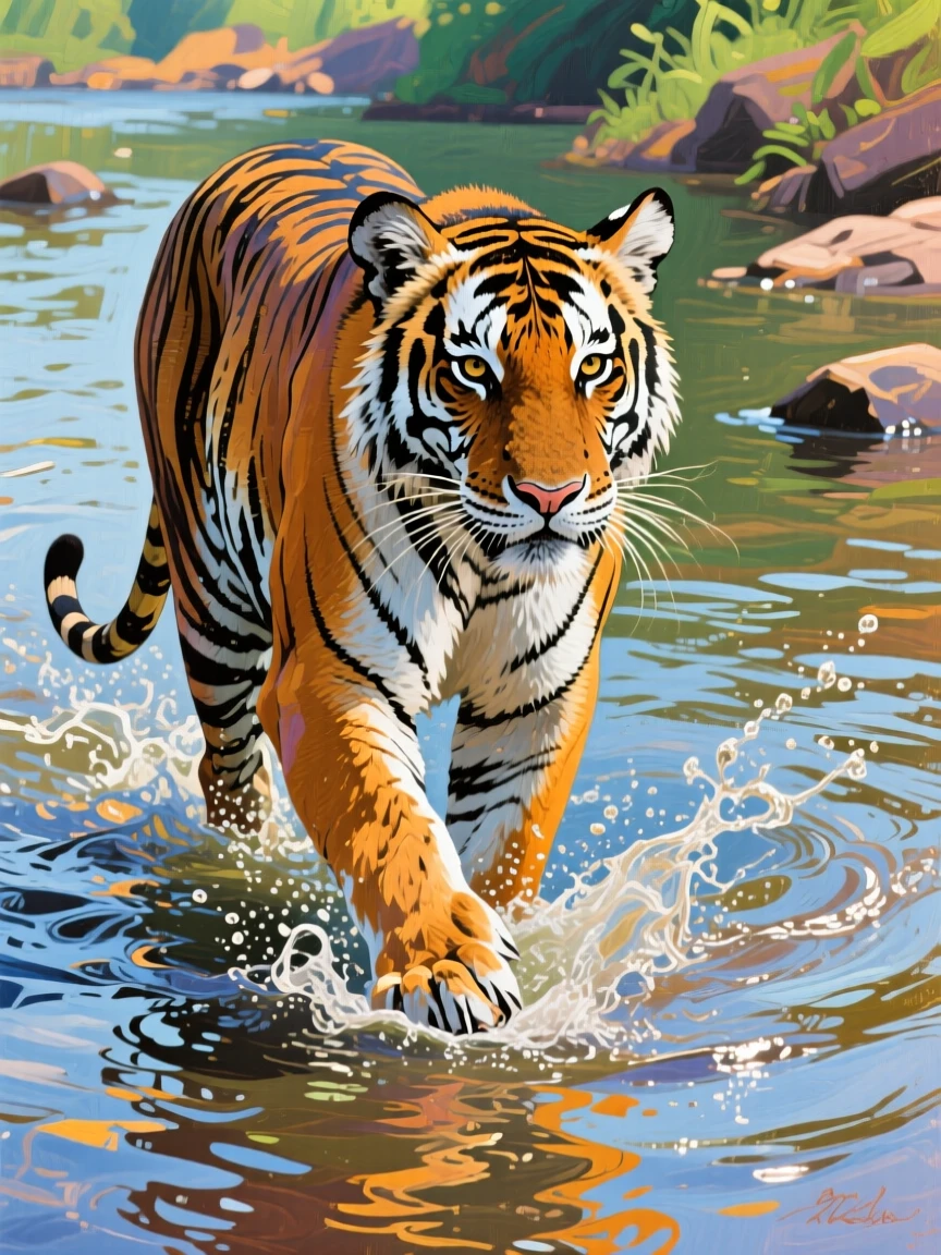 A majestic bengal tiger wading through a shallow river, water rippling around its powerful legs