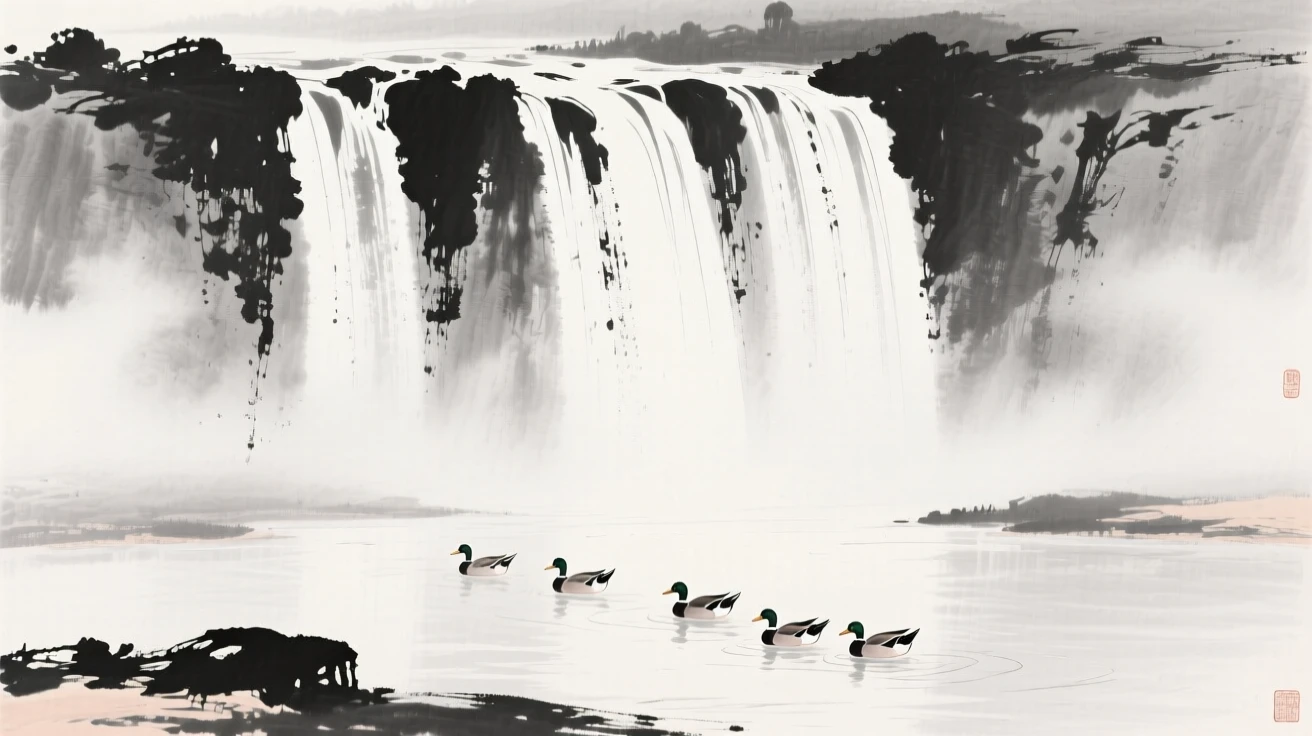 a broad waterfall plunging into a misty pool, with wild ducks gliding across its surface.