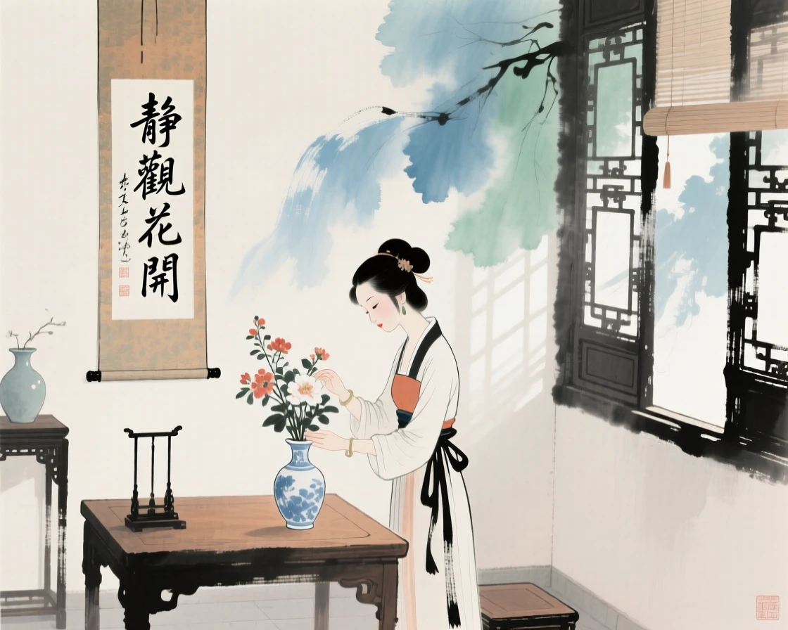 A woman arranging flowers in a quiet study, at midday.