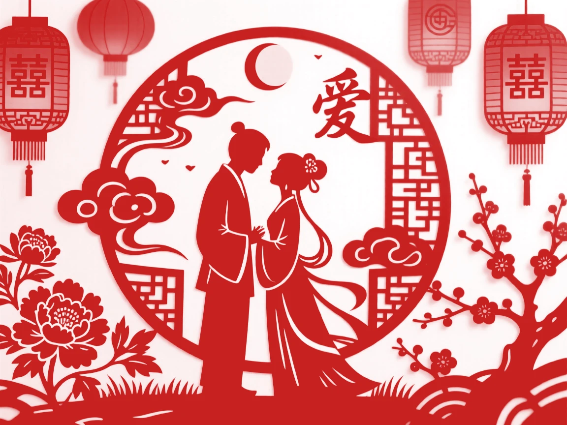 Two lovers sharing a quiet moment in a moonlit garden, red lanterns glowing warmly in the background.