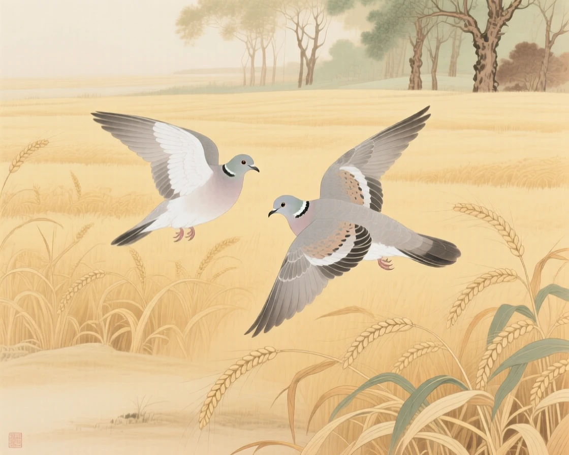 A pair of turtledoves gliding low over a field of golden wheat, soft morning light filtering through the branches