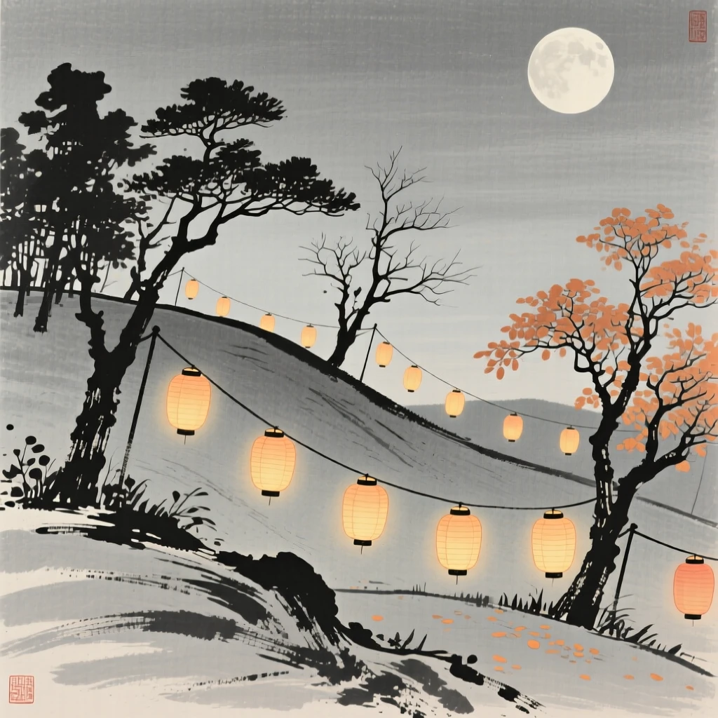 An autumn moon festival with lanterns strung between trees on a hillside overlooking the village below, composed with warm lantern light glowing against a cool evening, suggesting nostalgia and gentle celebration.