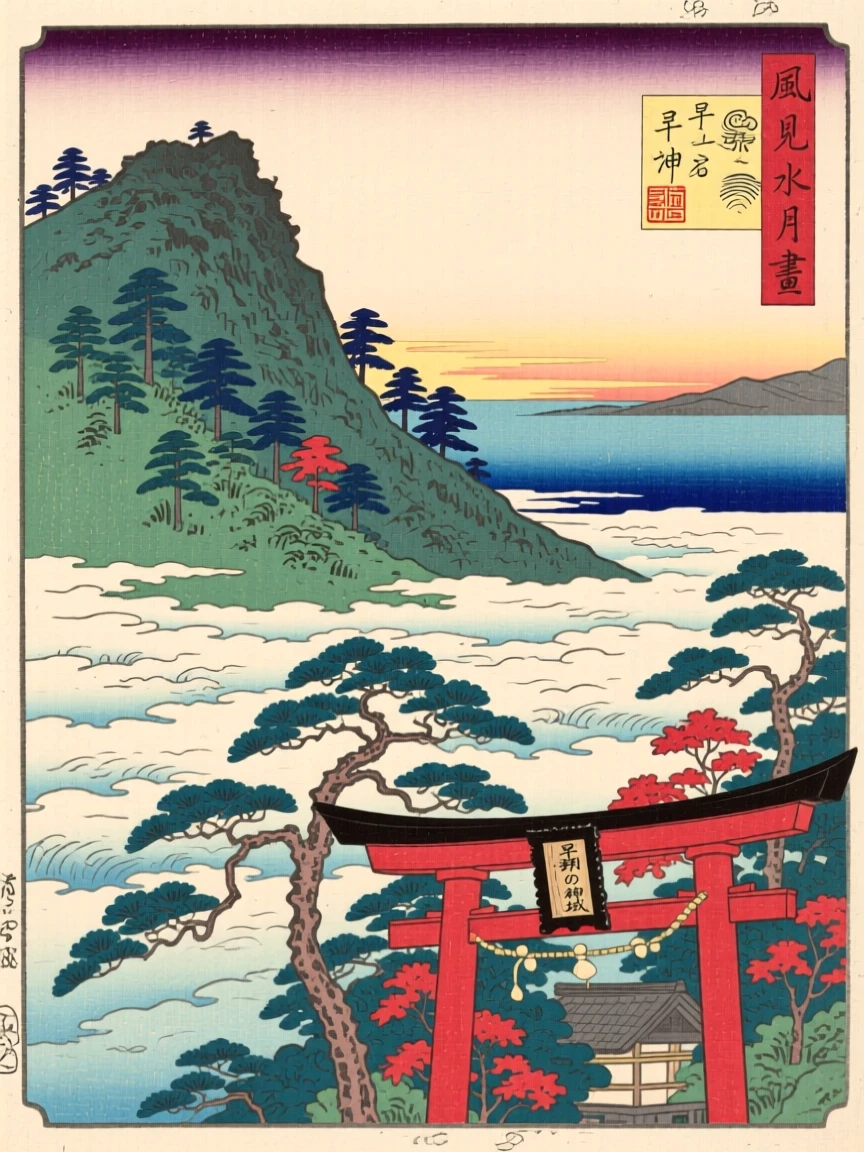 A forested mountain slope, above a sea of clouds, at dawn.