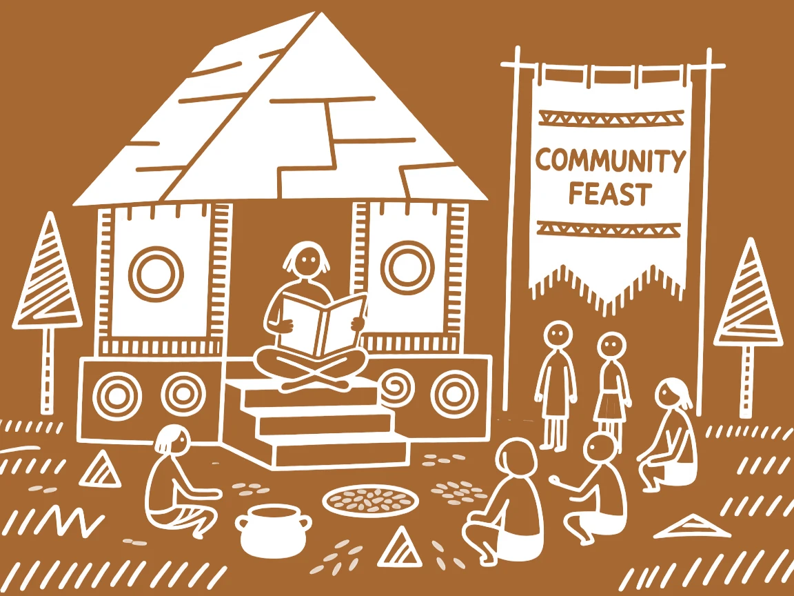 A village storyteller preparing for a community feast on the steps of a village meeting hall.